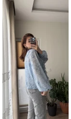 Şifon Fırfır Detay Bluz Mavi