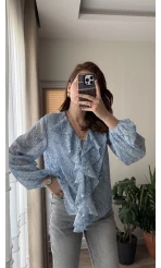 Şifon Fırfır Detay Bluz Mavi