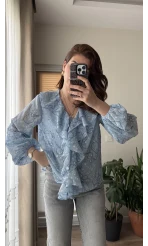 Şifon Fırfır Detay Bluz Mavi