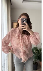 Şifon Fırfır Detay Bluz Pembe