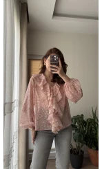 Şifon Fırfır Detay Bluz Pembe