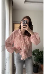 Şifon Fırfır Detay Bluz Pembe