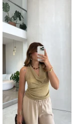 Simli Boyundan Geçmeli Bluz - Gold - Kod: 2809