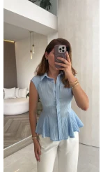 Simli Sıfır Kol Gömlek - Mavi - Kod: 2318