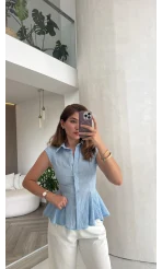 Simli Sıfır Kol Gömlek - Mavi - Kod: 2318