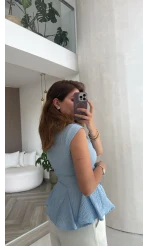 Simli Sıfır Kol Gömlek - Mavi - Kod: 2318