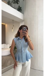 Simli Sıfır Kol Gömlek - Mavi - Kod: 2318