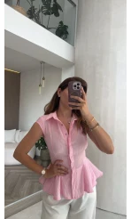 Simli Sıfır Kol Gömlek - Pembe - Kod: 2318