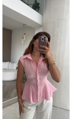 Simli Sıfır Kol Gömlek - Pembe - Kod: 2318
