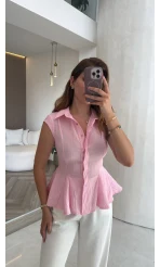 Simli Sıfır Kol Gömlek - Pembe - Kod: 2318