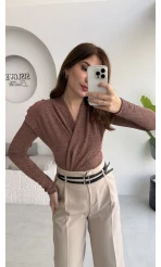 Simli Vatkalı Uzun Kol Zıbın Bluz - Bronz Kahve