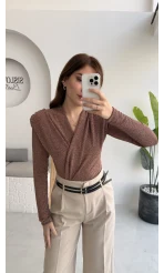 Simli Vatkalı Uzun Kol Zıbın Bluz - Bronz Kahve