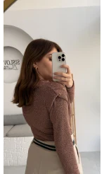 Simli Vatkalı Uzun Kol Zıbın Bluz - Bronz Kahve