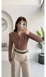Simli Vatkalı Uzun Kol Zıbın Bluz - Bronz Kahve