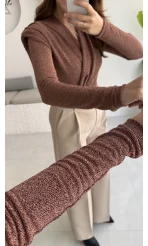 Simli Vatkalı Uzun Kol Zıbın Bluz - Bronz Kahve