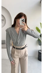 Simli Vatkalı Uzun Kol Zıbın Bluz - Gri