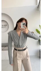 Simli Vatkalı Uzun Kol Zıbın Bluz - Gri