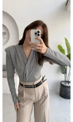 Simli Vatkalı Uzun Kol Zıbın Bluz - Gri