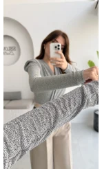 Simli Vatkalı Uzun Kol Zıbın Bluz - Gri