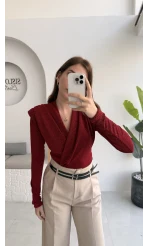 Simli Vatkalı Uzun Kol Zıbın Bluz - Kırmızı