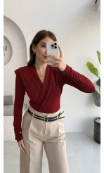 Simli Vatkalı Uzun Kol Zıbın Bluz - Kırmızı