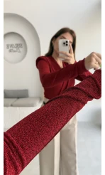Simli Vatkalı Uzun Kol Zıbın Bluz - Kırmızı
