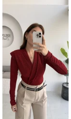 Simli Vatkalı Uzun Kol Zıbın Bluz - Kırmızı