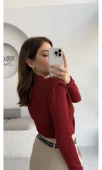 Simli Vatkalı Uzun Kol Zıbın Bluz - Kırmızı