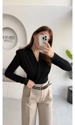 Simli Vatkalı Uzun Kol Zıbın Bluz - Siyah