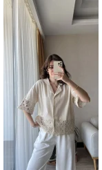 Simu Krem Dantelli Gömlek