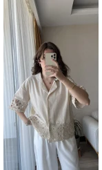 Simu Krem Dantelli Gömlek