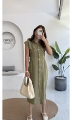 Sindy Kemer Detaylı Bürümcük Elbise - Haki - 6012