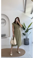 Sindy Kemer Detaylı Bürümcük Elbise - Haki - 6012