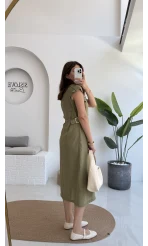 Sindy Kemer Detaylı Bürümcük Elbise - Haki - 6012