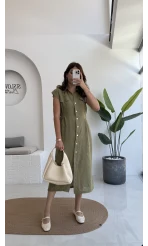 Sindy Kemer Detaylı Bürümcük Elbise - Haki - 6012