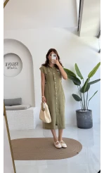 Sindy Kemer Detaylı Bürümcük Elbise - Haki - 6012