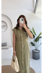 Sindy Kemer Detaylı Bürümcük Elbise - Haki - 6012