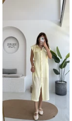 Sindy Kemer Detaylı Bürümcük Elbise - Sarı - 6012