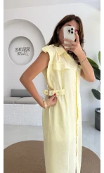 Sindy Kemer Detaylı Bürümcük Elbise - Sarı - 6012