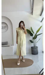 Sindy Kemer Detaylı Bürümcük Elbise - Sarı - 6012