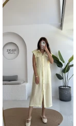 Sindy Kemer Detaylı Bürümcük Elbise - Sarı - 6012