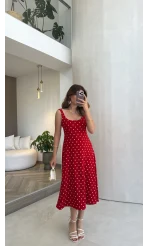 Sırtı Fiyonk Bağlamalı Puantiyeli Elbise - Kırmızı - Kod: 4135