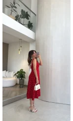 Sırtı Fiyonk Bağlamalı Puantiyeli Elbise - Kırmızı - Kod: 4135