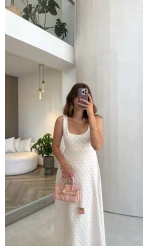Sırtı Fiyonk Bağlamalı Puantiyeli Elbise - Pembe - Kod: 4135
