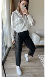 Siyah Beli Lastikli Deri Pantolon