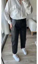 Siyah Beli Lastikli Deri Pantolon