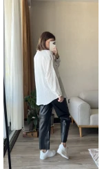 Siyah Beli Lastikli Deri Pantolon