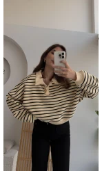 Siyah Çizgili Krem Polo Yaka Sweatshirt