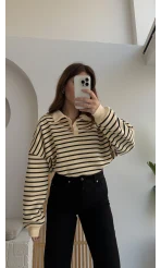 Siyah Çizgili Krem Polo Yaka Sweatshirt