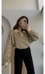 Siyah Çizgili Krem Polo Yaka Sweatshirt